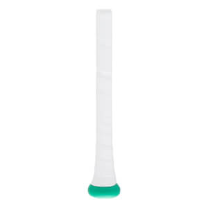 Close-up of a white baseball bat handle with a spiral-wrapped grip and a mint green knob.