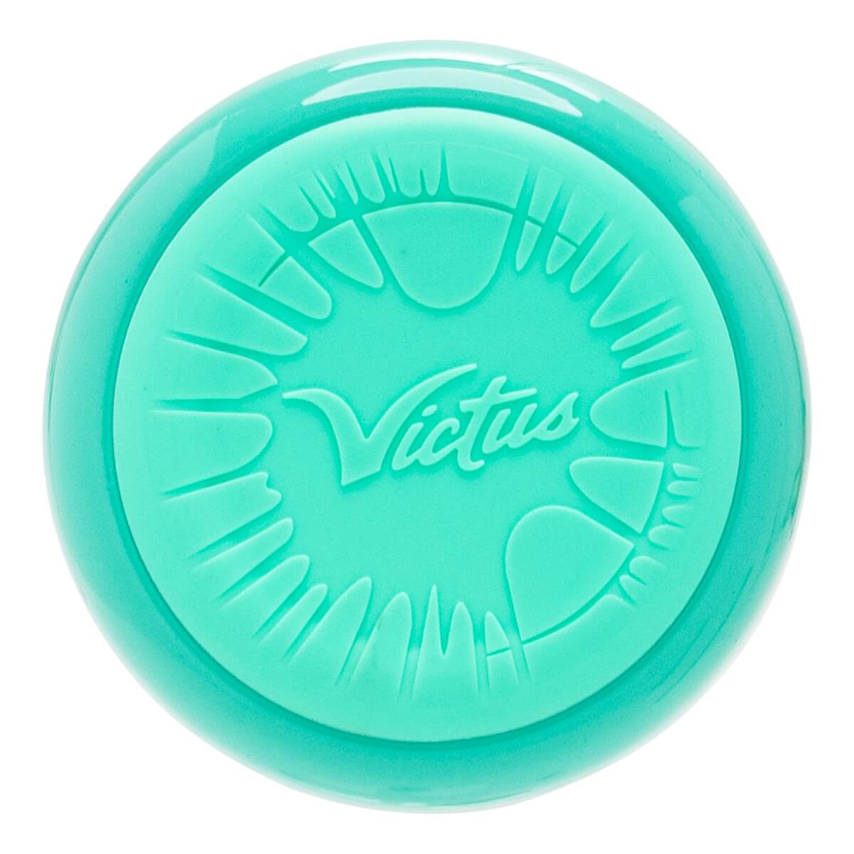 Top-down view of a mint baseball bat end cap with an embossed Victus logo and a textured burst design.
