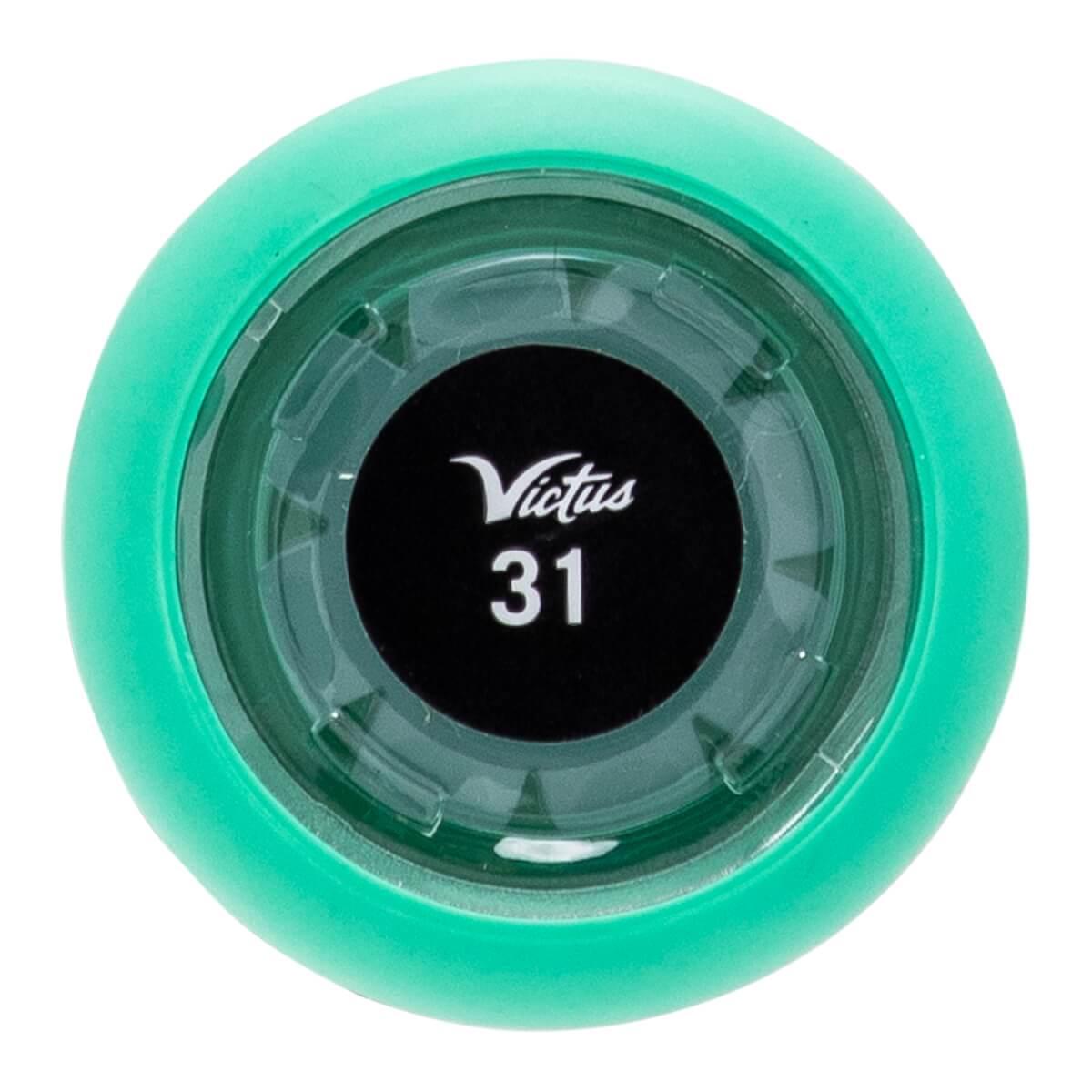 Top-down view of a mint green baseball bat end cap featuring a black center with Victus and 31 in white text.