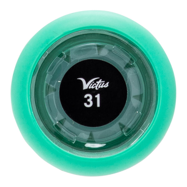 Top-down view of a mint green baseball bat end cap featuring a black center with Victus and 31 in white text.