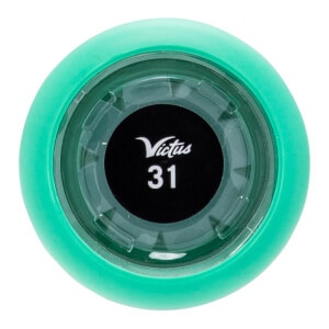 Top-down view of a mint green baseball bat end cap featuring a black center with Victus and 31 in white text.