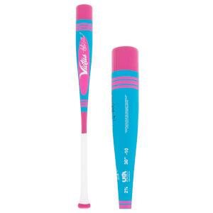 Side view of a pink and blue baseball bat with a white grip, and a close-up of its barrel showing Victus and USA logo.