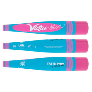 Full length view of a blue and pink baseball bat with Victus logo, Tatis Pink text, and USA Baseball certification.