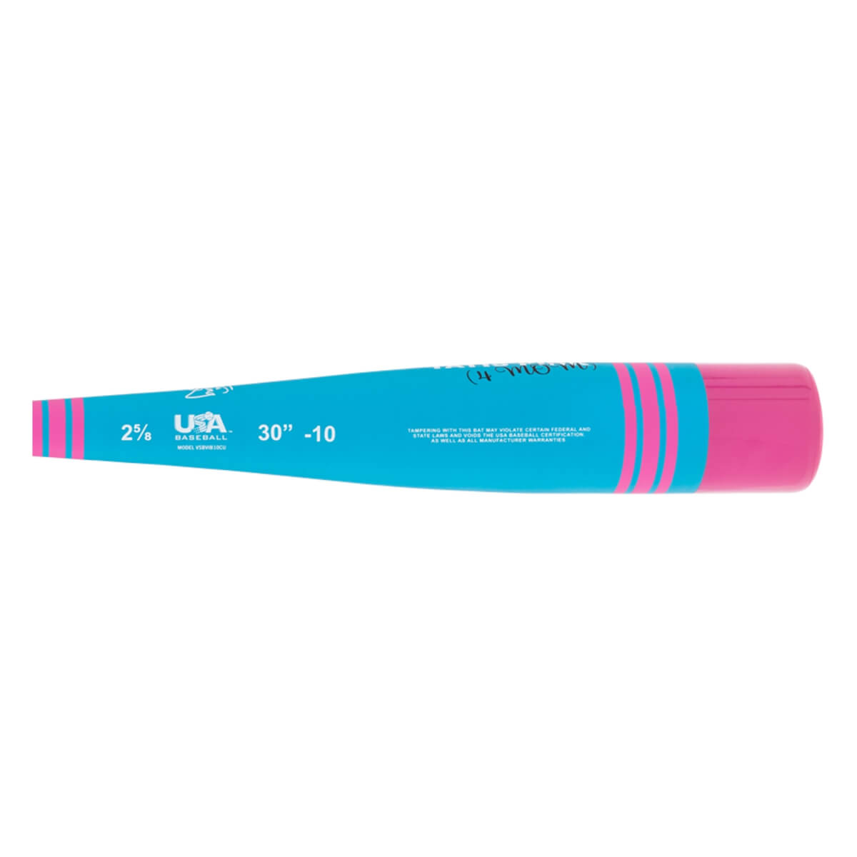 Side view of a teal baseball bat with pink handle and stripes, featuring the Vibe logo, USA BASEBALL, and 30 -10.