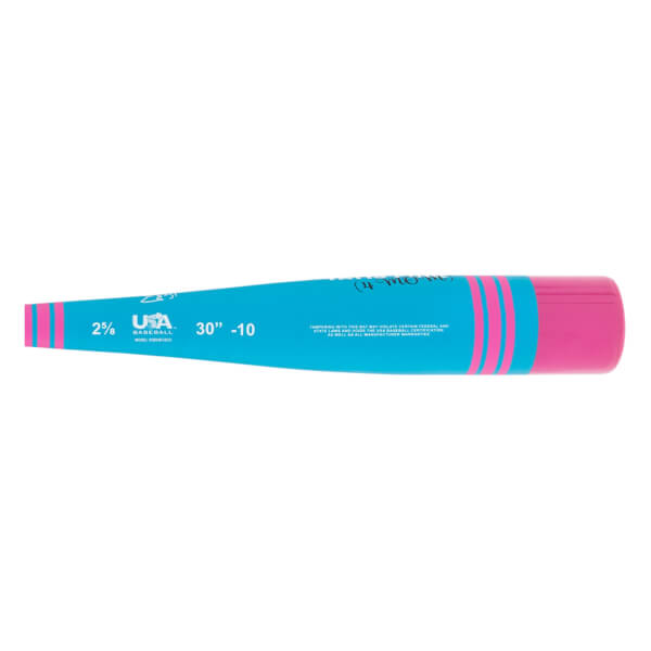 Side view of a teal baseball bat with pink handle and stripes, featuring the Vibe logo, USA BASEBALL, and 30 -10.