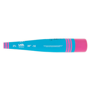 Side view of a teal baseball bat with pink handle and stripes, featuring the Vibe logo, USA BASEBALL, and 30 -10.