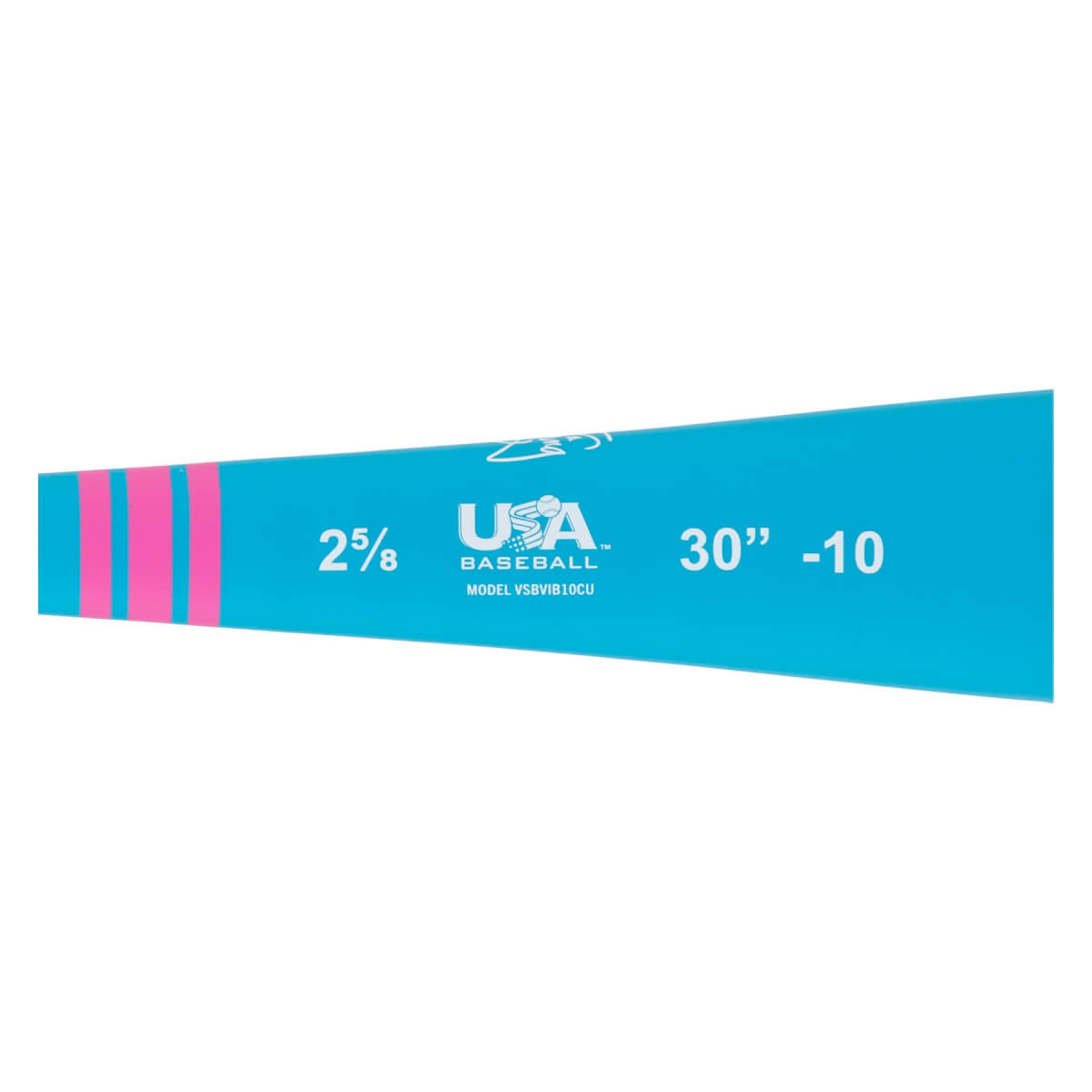 Angled view of a bright blue baseball bat with three pink stripes, a white USA Baseball logo, and 30 -10 text.