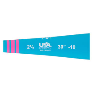 Angled view of a bright blue baseball bat with three pink stripes, a white USA Baseball logo, and 30 -10 text.