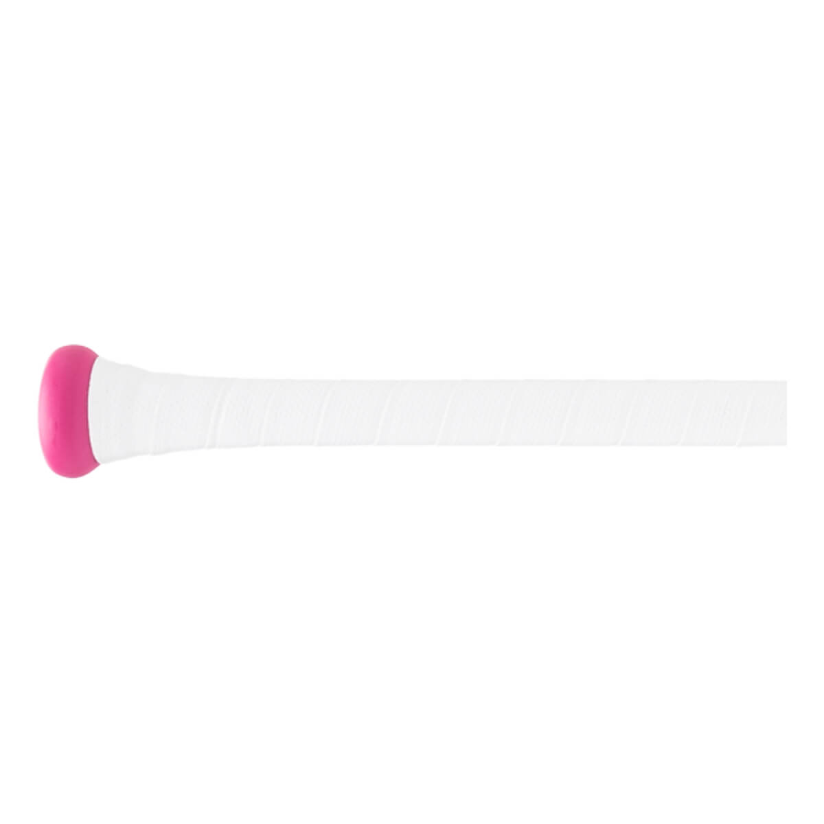 Side view of a white baseball bat with a pink knob and white wrapped grip.