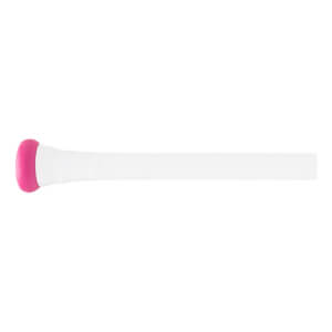 Side view of a white baseball bat with a pink knob and white wrapped grip.