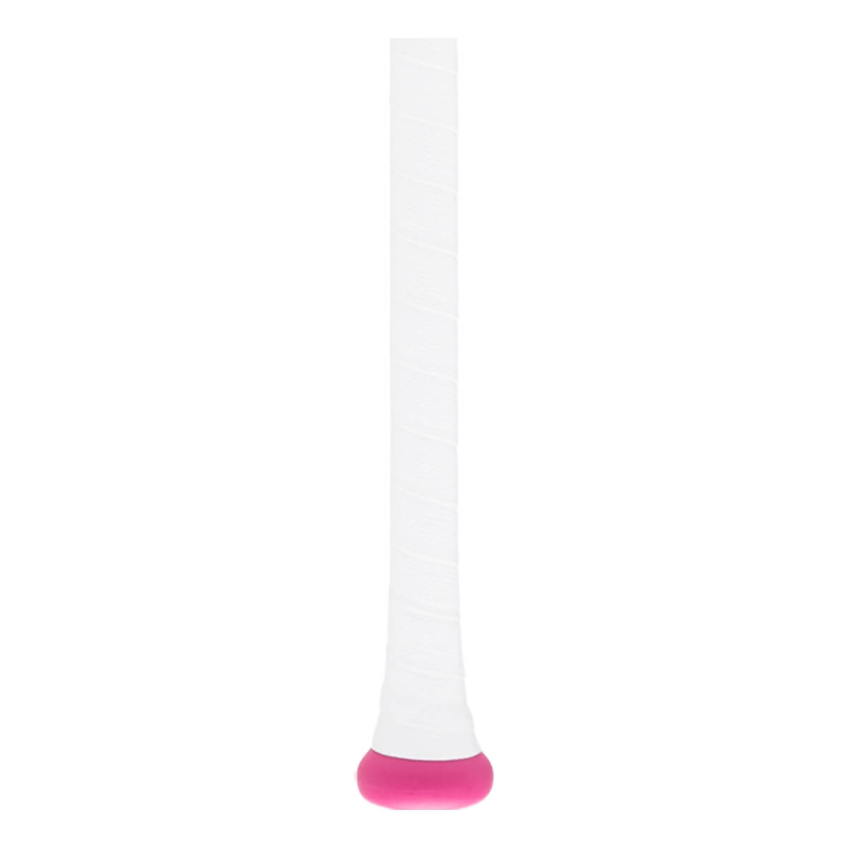 Close-up of a white baseball bat grip with a spiral texture and a bright pink knob.