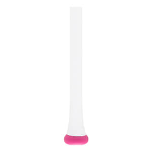 Close-up of a white baseball bat grip with a spiral texture and a bright pink knob.