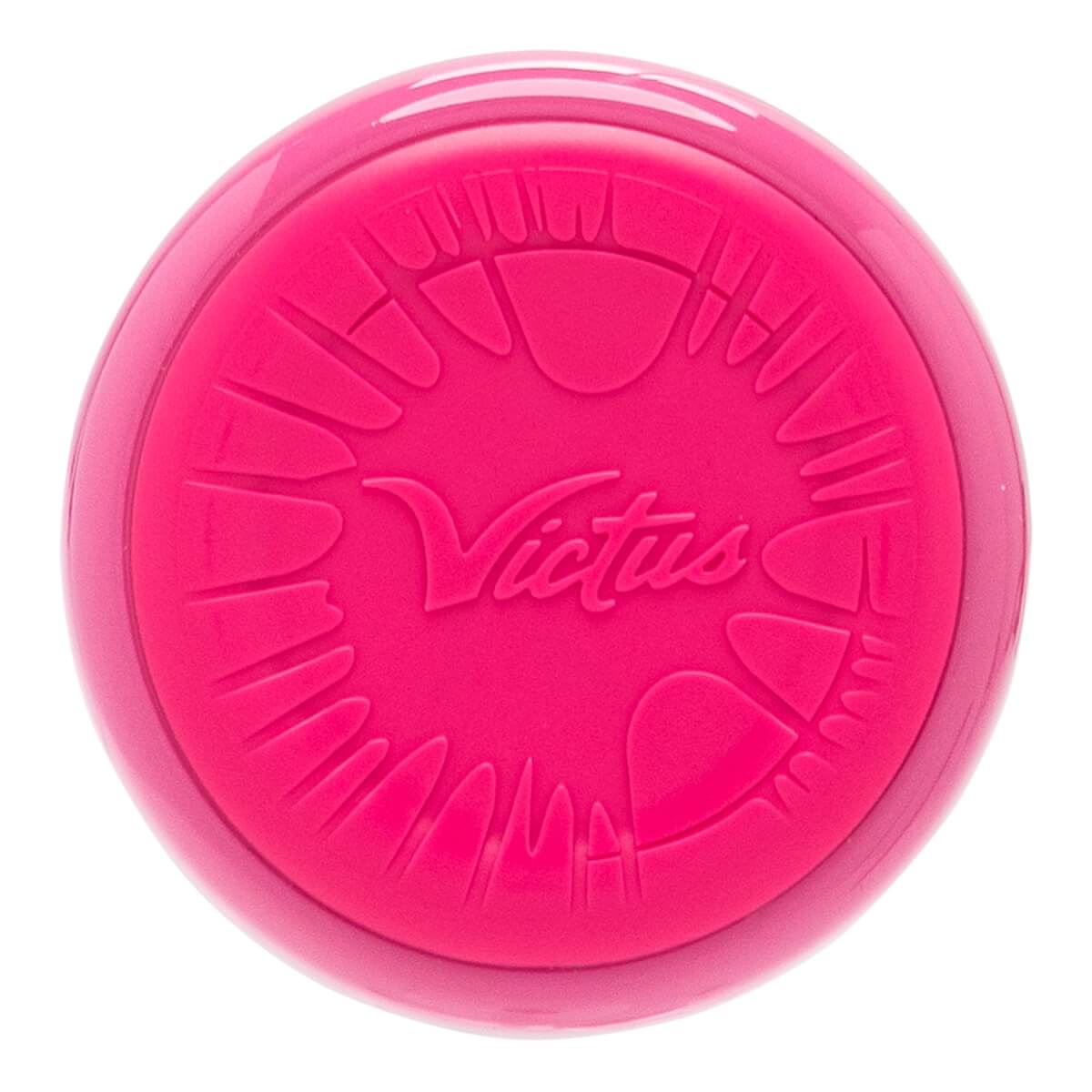 Top-down view of a bright pink bat end cap with an embossed Victus logo and a radiating textured design.