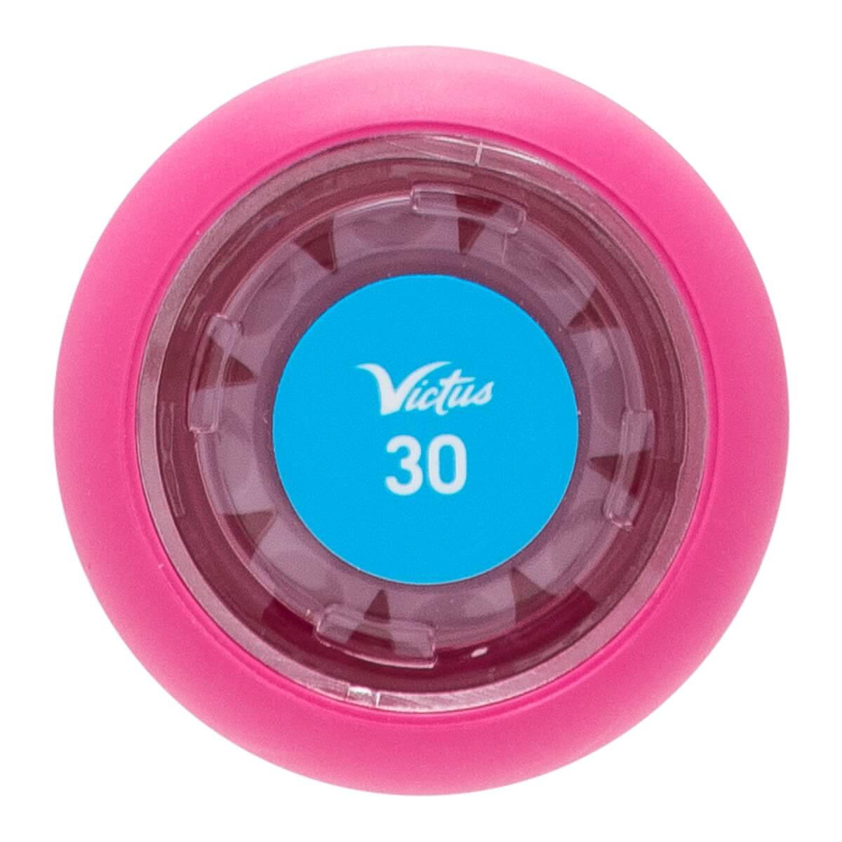 Top-down view of a pink baseball bat end cap with a blue Victus 30 insert and clear plastic ring.