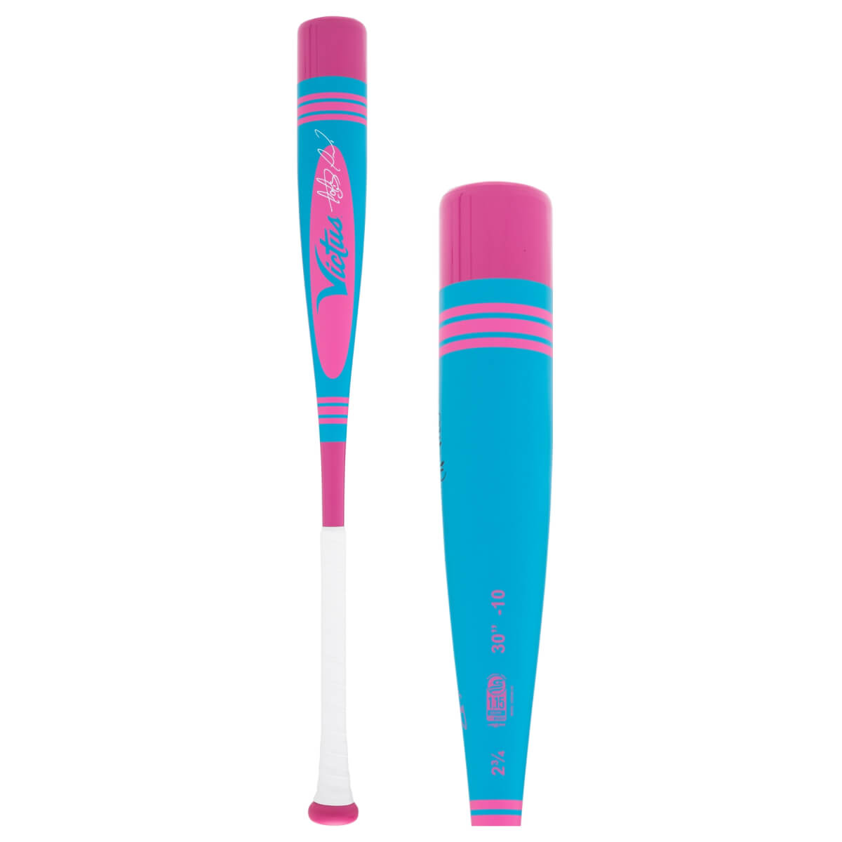 Two side views of a vibrant blue and pink baseball bat, one full length with Victus branding, the other a close-up of the barrel with pink stripes.