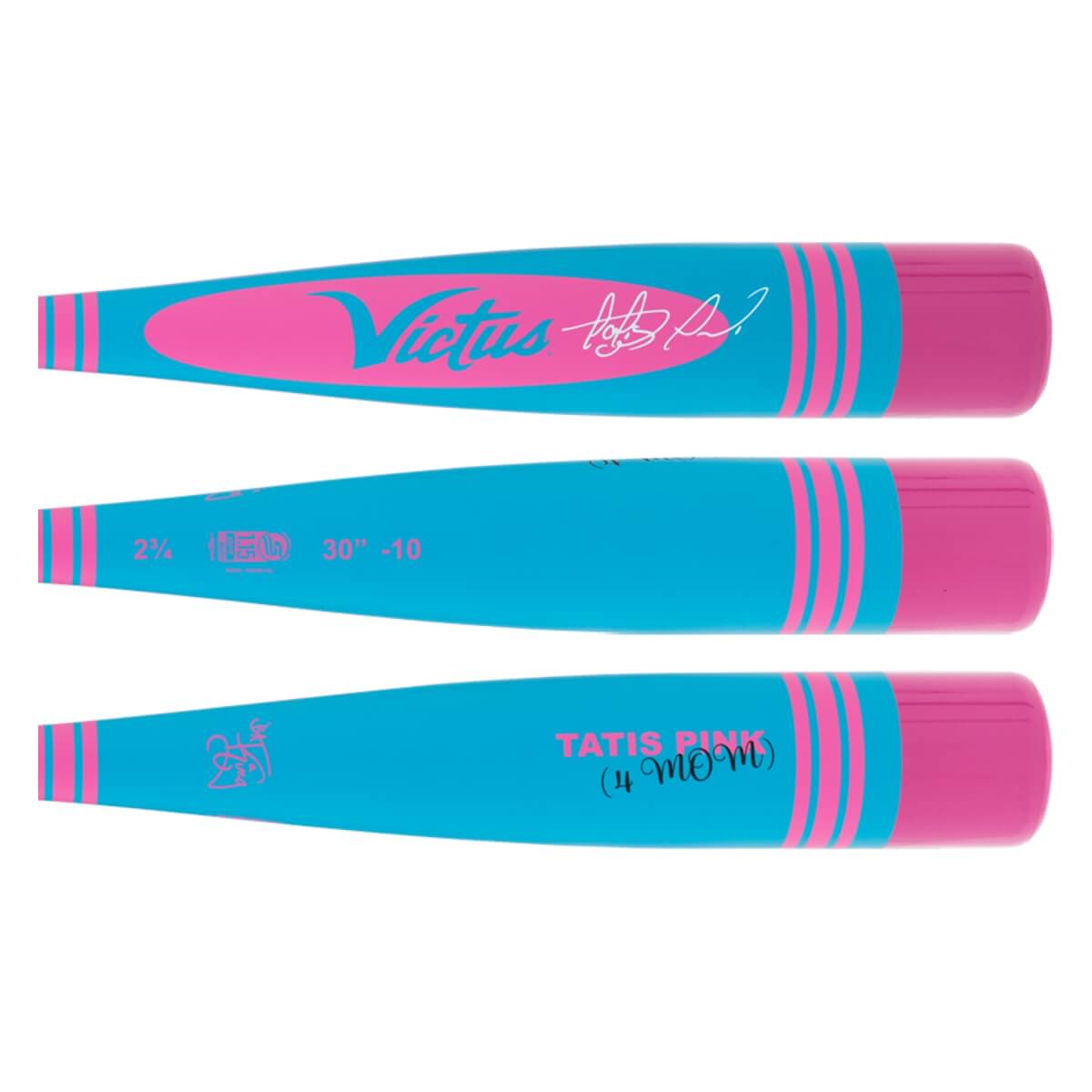 Three side views of a blue and pink baseball bat with a Victus logo, Tatis Pink text, and size specifications.
