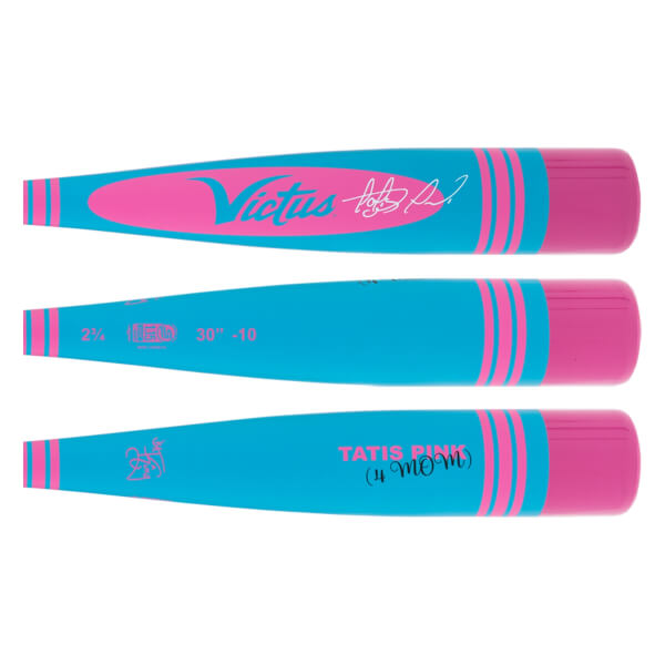 Three side views of a blue and pink baseball bat with a Victus logo, Tatis Pink text, and size specifications.