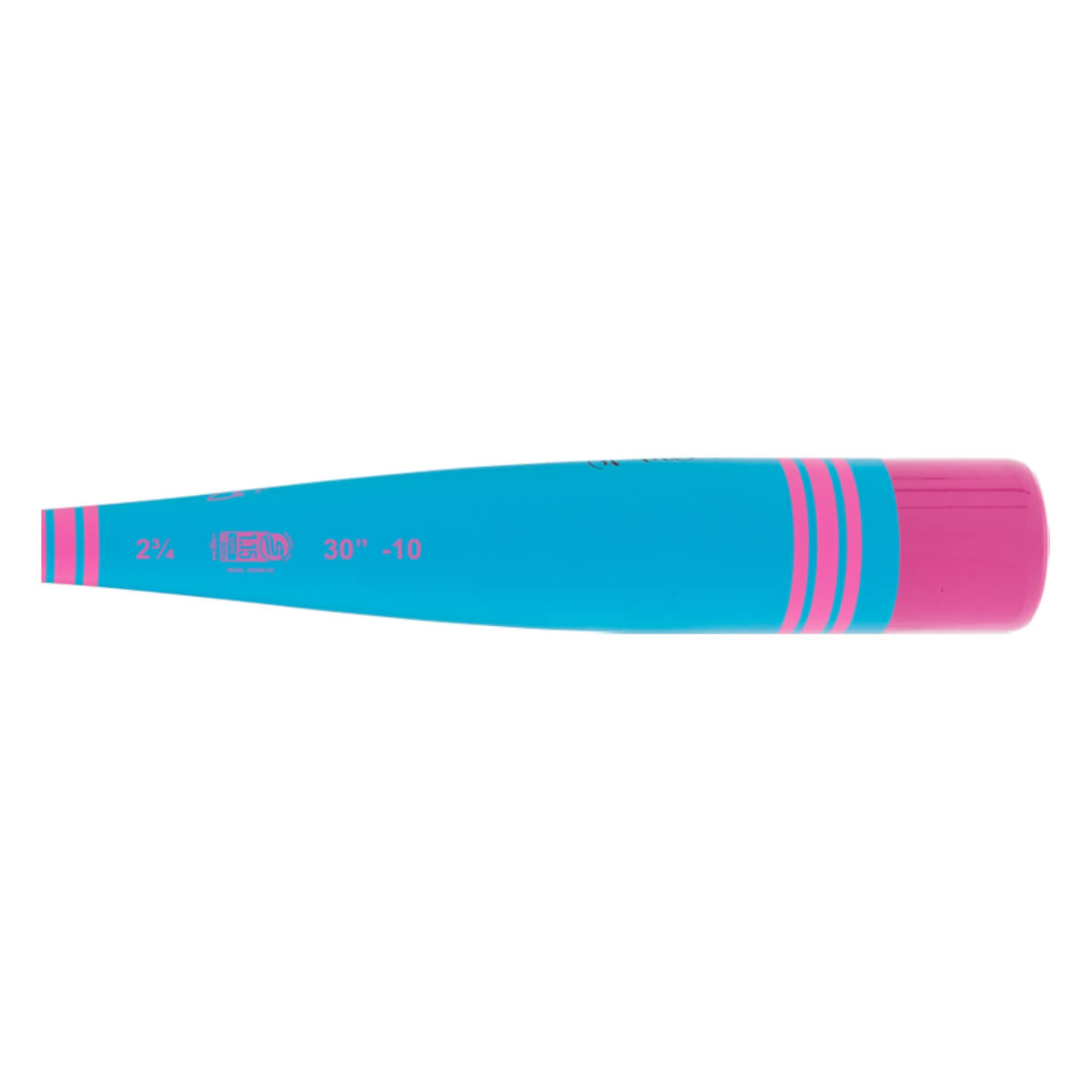 Side view of a bright blue baseball bat with pink stripes at both ends, a solid pink handle, and 2% USSSA 30 -10 text.