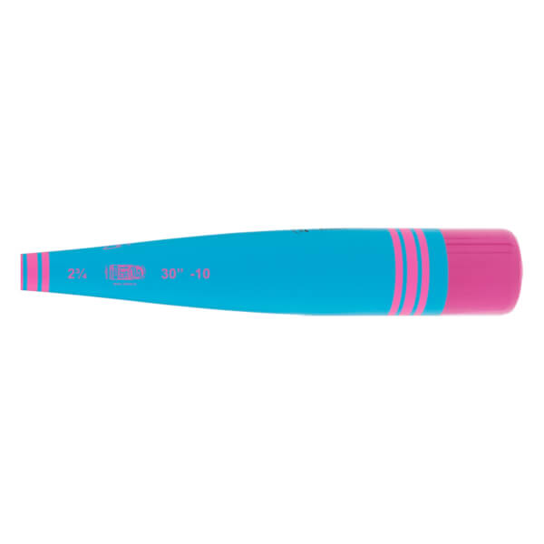 Side view of a bright blue baseball bat with pink stripes at both ends, a solid pink handle, and 2% USSSA 30 -10 text.