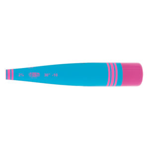 Side view of a bright blue baseball bat with pink stripes at both ends, a solid pink handle, and 2% USSSA 30 -10 text.