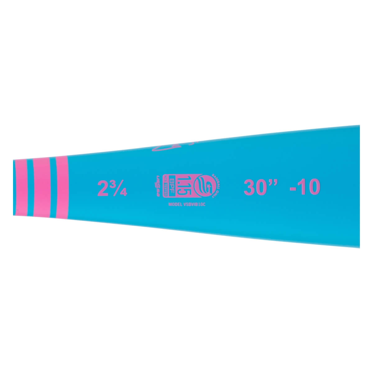Mid-section view of a turquoise baseball bat with pink stripes, 2¾ barrel, and USSSA 1.15 BPF stamp.