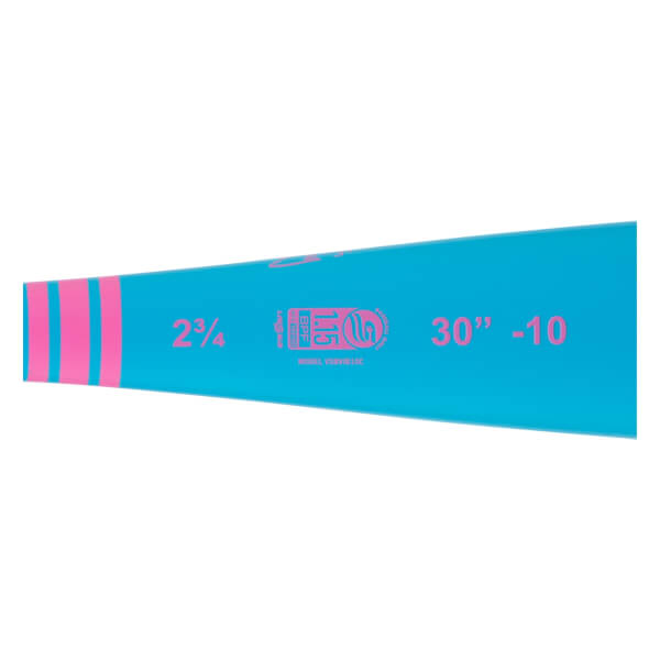 Mid-section view of a turquoise baseball bat with pink stripes, 2¾ barrel, and USSSA 1.15 BPF stamp.