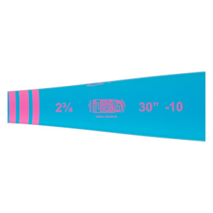 Mid-section view of a turquoise baseball bat with pink stripes, 2¾ barrel, and USSSA 1.15 BPF stamp.