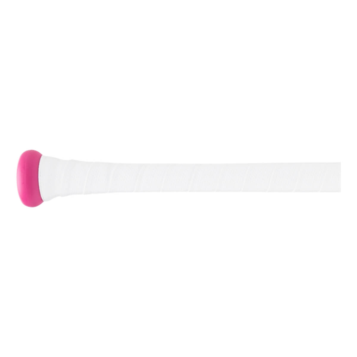 Side view of a white baseball bat with a bright pink knob and white wrapped grip.