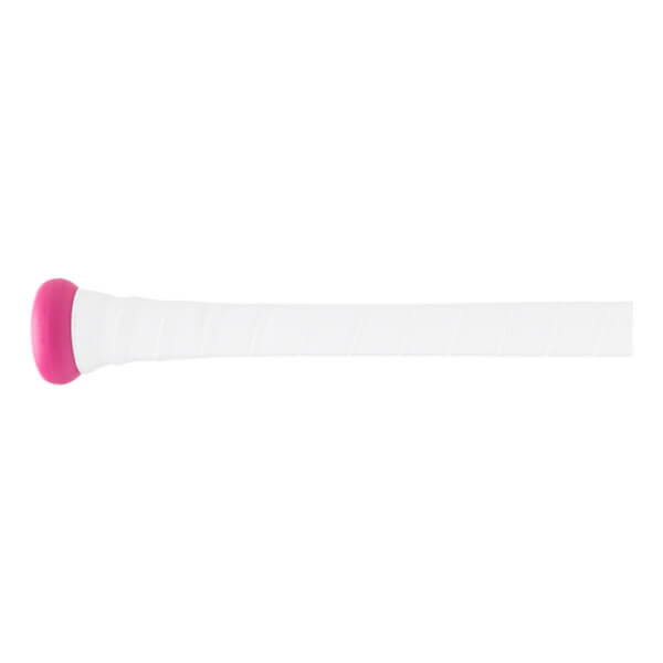 Side view of a white baseball bat with a bright pink knob and white wrapped grip.