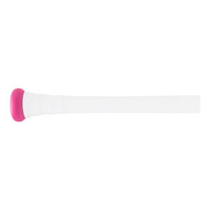 Side view of a white baseball bat with a bright pink knob and white wrapped grip.