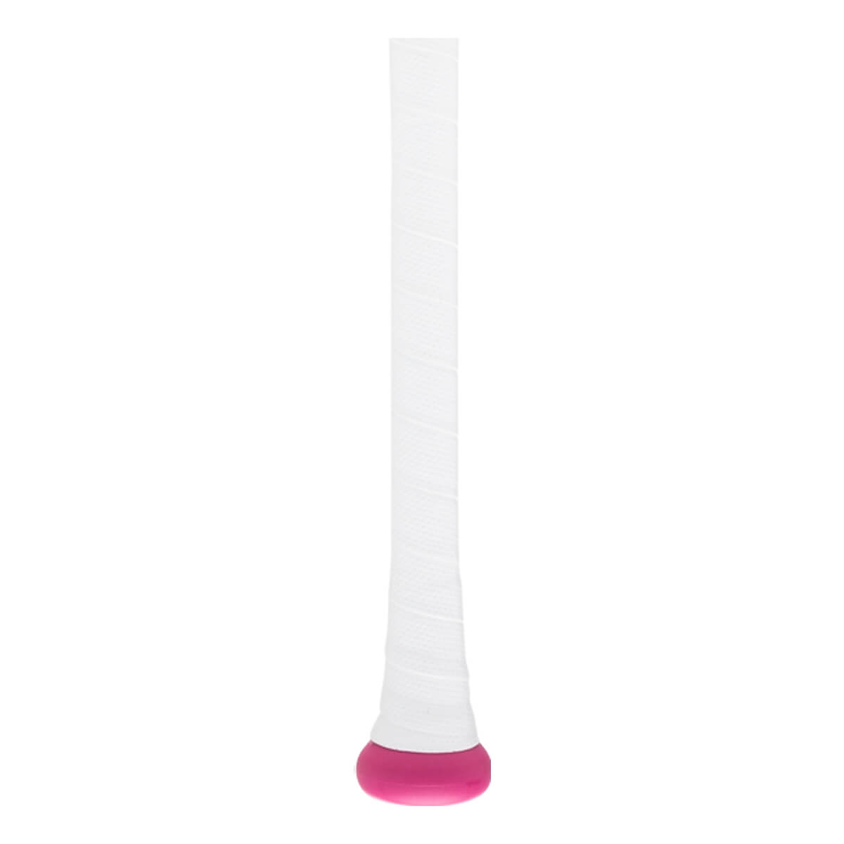 Close-up of the handle of a white baseball bat with a spiral-wrapped grip and a vibrant pink knob.