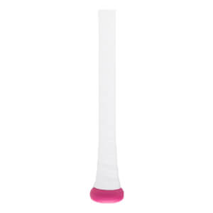 Close-up of the handle of a white baseball bat with a spiral-wrapped grip and a vibrant pink knob.