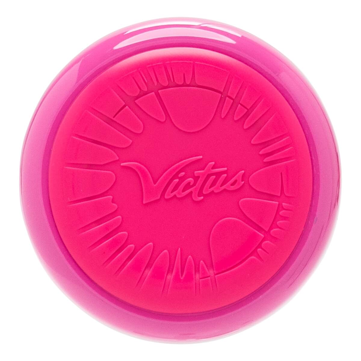 Top-down view of a pink baseball bat end cap with an embossed Victus logo and textured crayon-tip patterns.