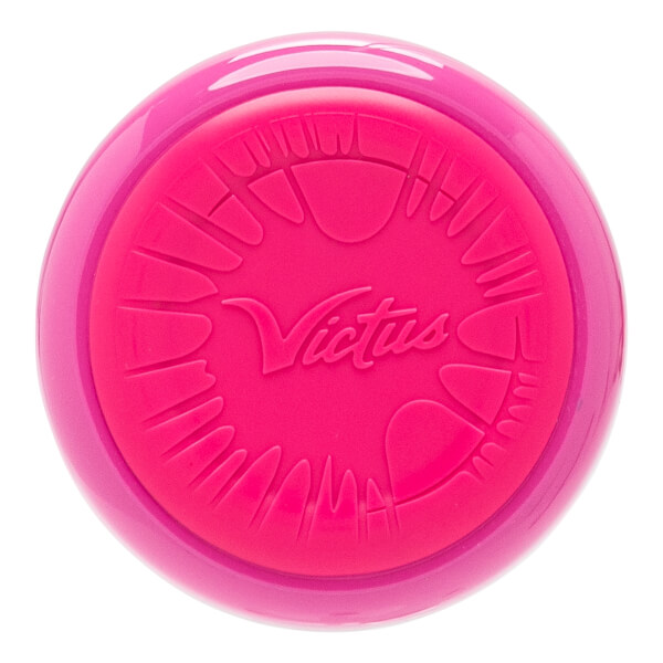 Top-down view of a pink baseball bat end cap with an embossed Victus logo and textured crayon-tip patterns.