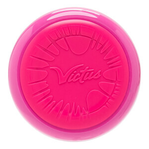 Top-down view of a pink baseball bat end cap with an embossed Victus logo and textured crayon-tip patterns.