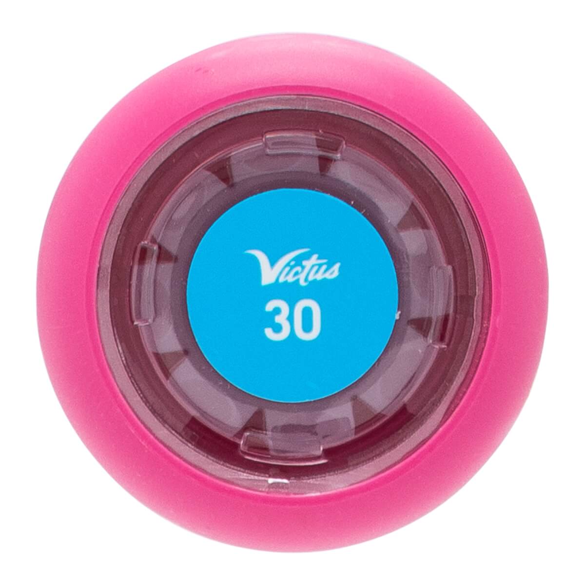 Top-down view of a pink baseball bat end cap with a clear center and a blue Victus 30 sticker.