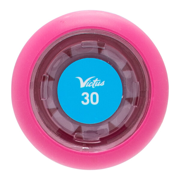 Top-down view of a pink baseball bat end cap with a clear center and a blue Victus 30 sticker.
