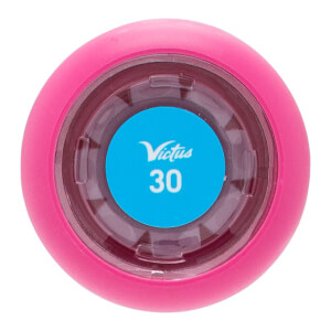 Top-down view of a pink baseball bat end cap with a clear center and a blue Victus 30 sticker.