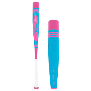 Side view of a pink and blue Victus baseball bat, alongside a close-up of its barrel.