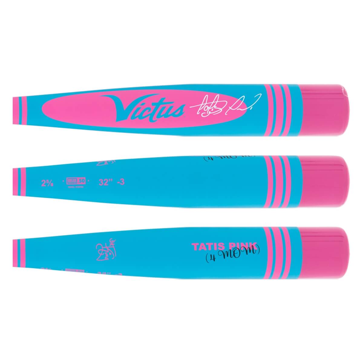 Multiple views of a blue and pink baseball bat barrel, showing Victus logo, Tatis signature, and TATIS PINK (4 MOM).