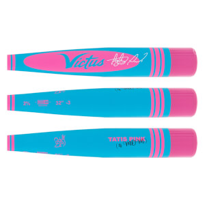 Multiple views of a blue and pink baseball bat barrel, showing Victus logo, Tatis signature, and TATIS PINK (4 MOM).