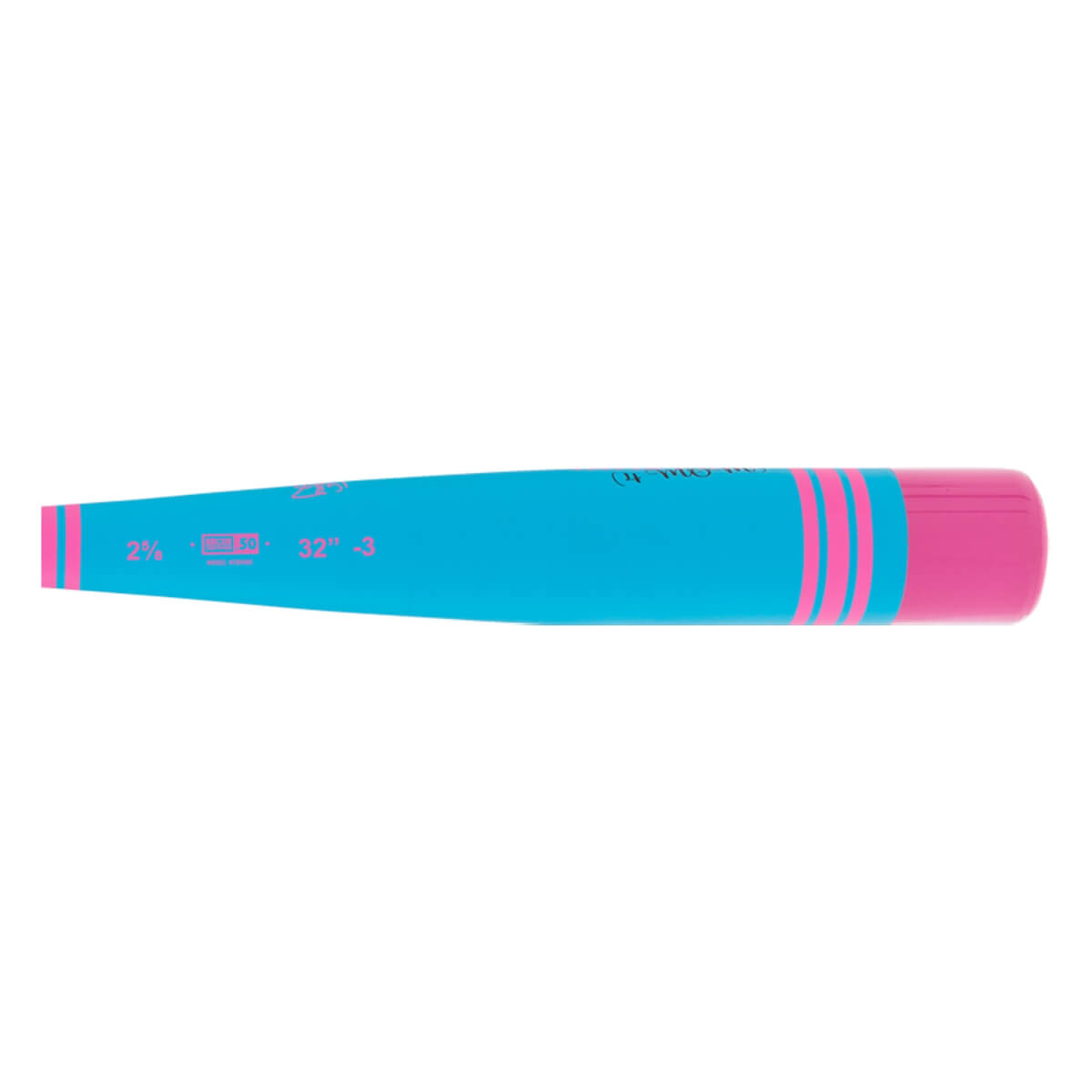 Side view of a blue baseball bat with pink stripes near the pink end cap and 32 -3 printed on the barrel.