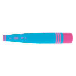 Side view of a blue baseball bat with pink stripes near the pink end cap and 32 -3 printed on the barrel.