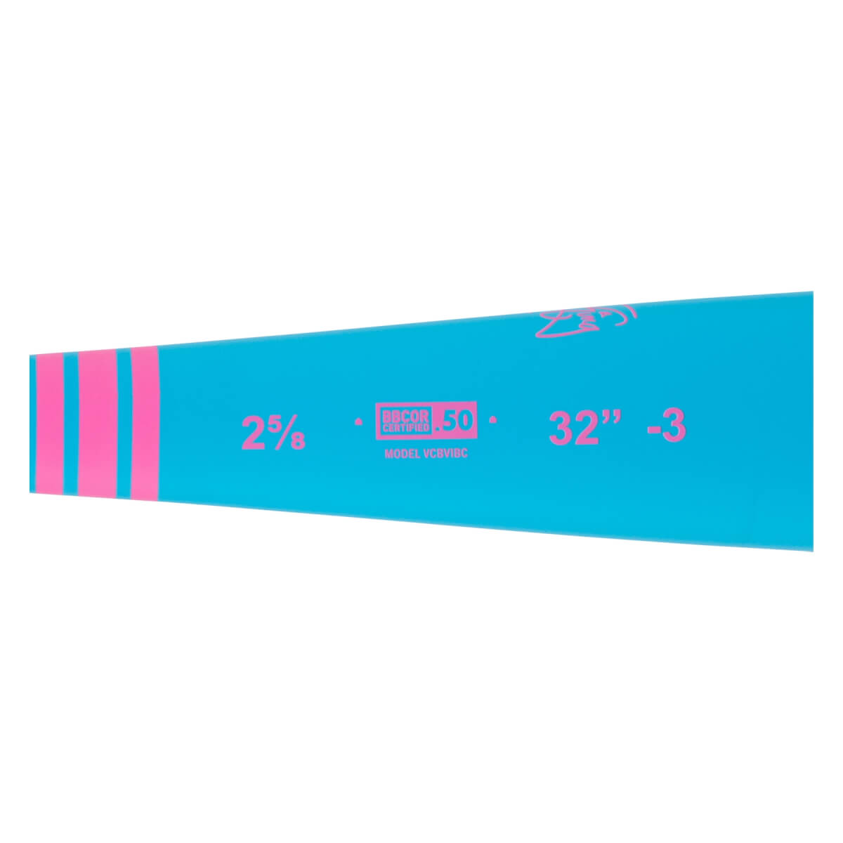 Side view of a bright blue baseball bat with three pink stripes, BBCOR CERTIFIED .50, and 32 -3 in pink.