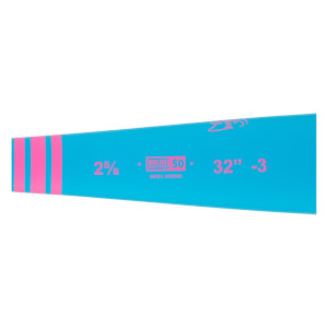 Side view of a bright blue baseball bat with three pink stripes, BBCOR CERTIFIED .50, and 32 -3 in pink.