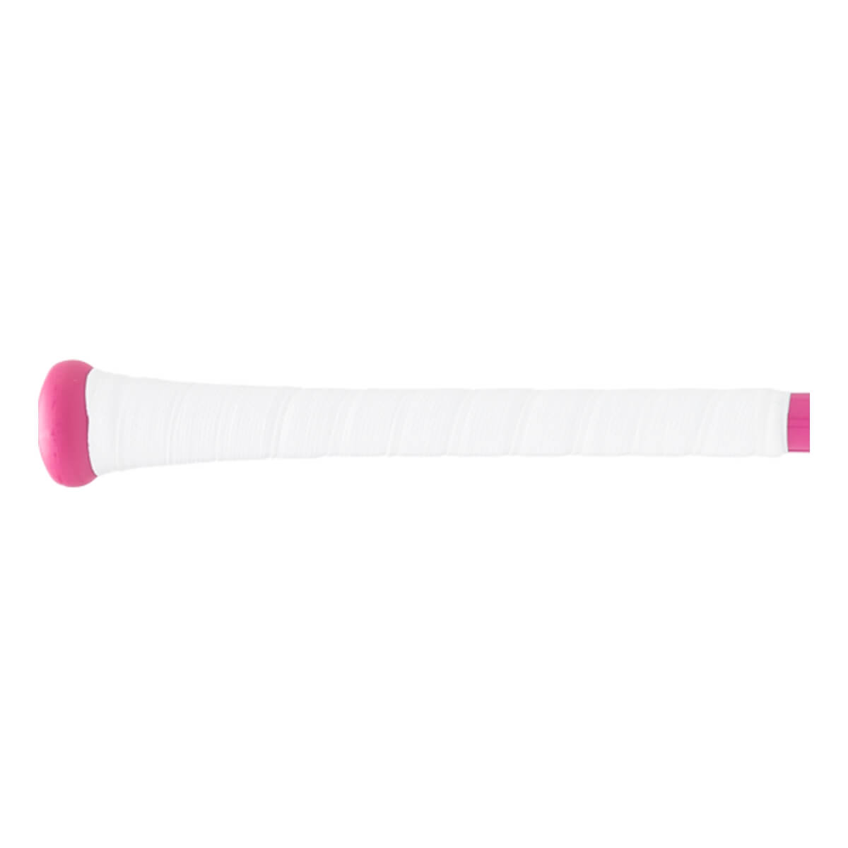 Side view of a white and pink baseball bat handle with a pink knob and white grip tape with a pink band.
