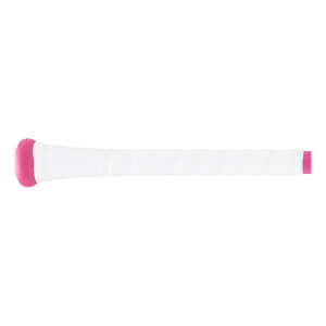 Side view of a white and pink baseball bat handle with a pink knob and white grip tape with a pink band.