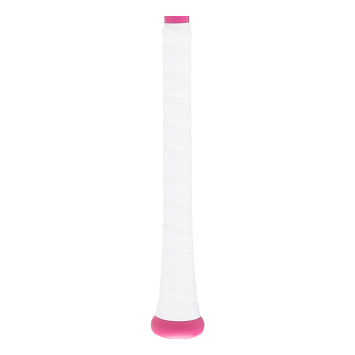 Side view of a white baseball bat grip with textured tape, a pink knob, and a pink top band.