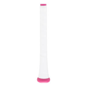 Side view of a white baseball bat grip with textured tape, a pink knob, and a pink top band.