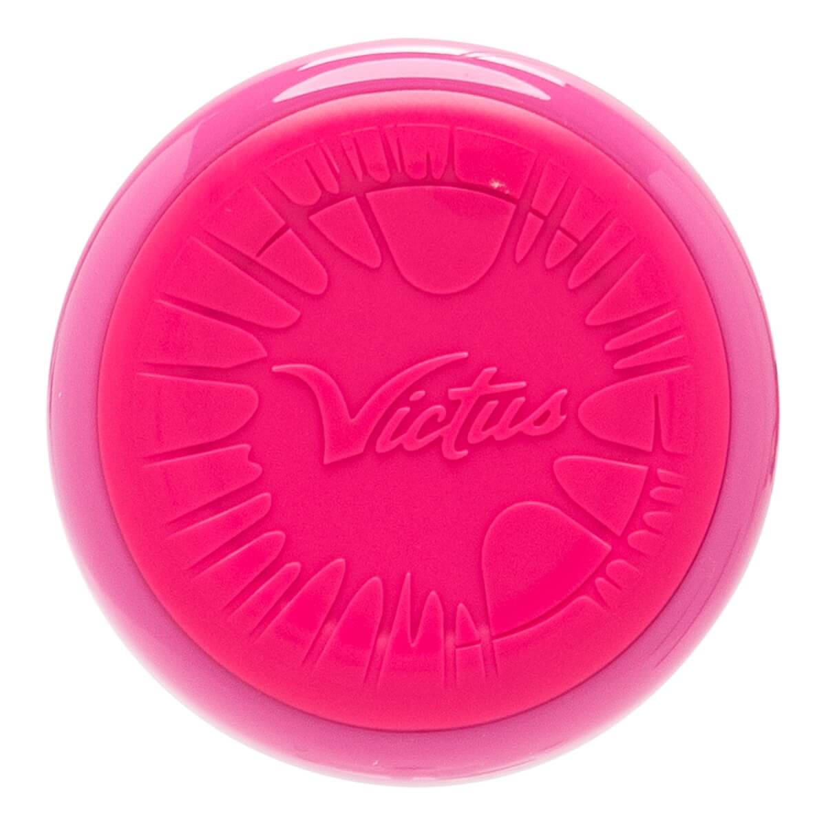 Top-down view of a pink baseball bat end cap with an embossed Victus logo and a textured pattern.